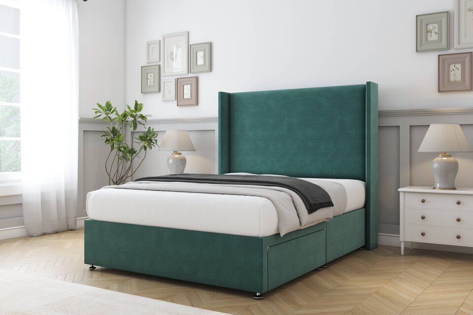 image 1 of Sloomy Devonshire Emerald Plush Divan Bed With Mattress 2 Drawers Footend With 54" Wingback Headboard 4' Small Double | Green | Emerald | Small Double | 1