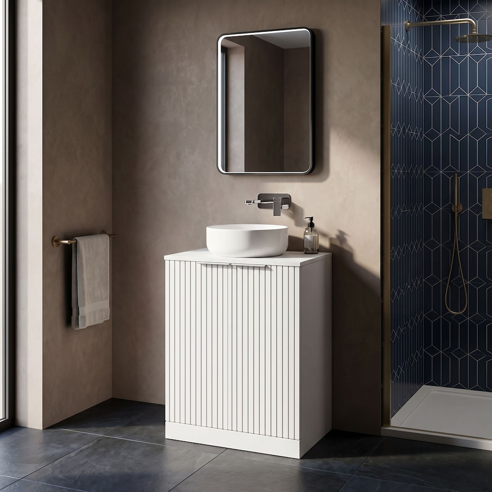 image 1 of Callingwood Contemporary Floor Standing 2 Door Vanity Unit with Laminate Worktop , 600mm, Matt White
