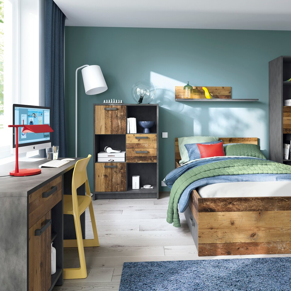 image 1 of Brooklyn Low Bookcase with 2 Doors and 2 Drawers in Walnut and Dark Matera Grey