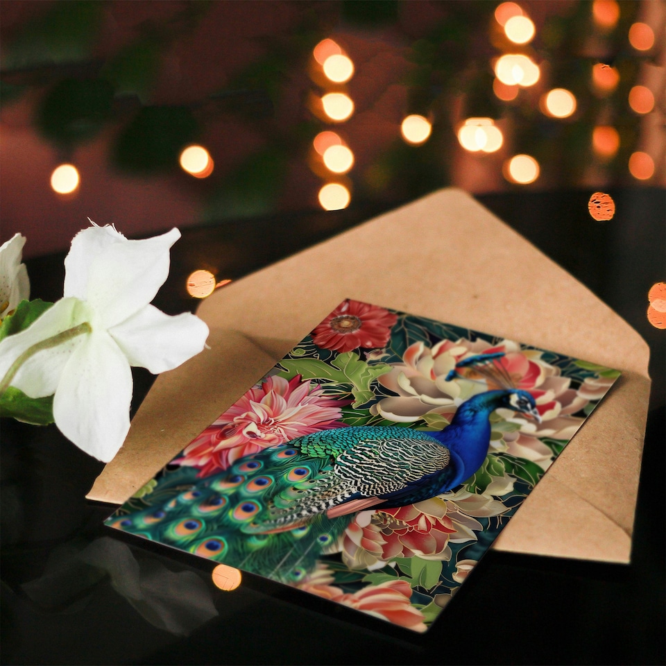 image 1 of Peacock Bird with Flower Pattern Stylised Design Birthday Card