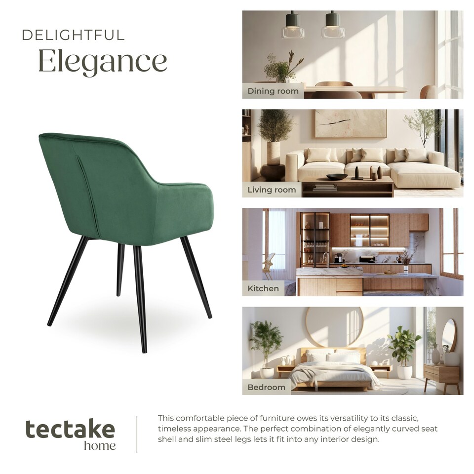 image 1 of Dining Chair Marilyn - with armrests, padded, velvet look, black steel legs - Set of 8 Green | Dark Green/Black