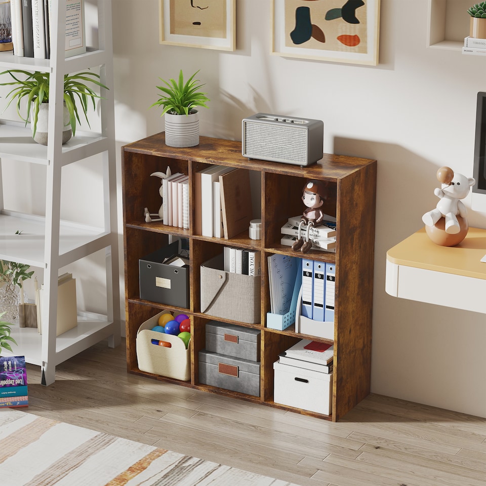 image 1 of HOMCOM 9 Cube Storage Cupboard Bookcase Bookshelf Home Office, Rustic Brown