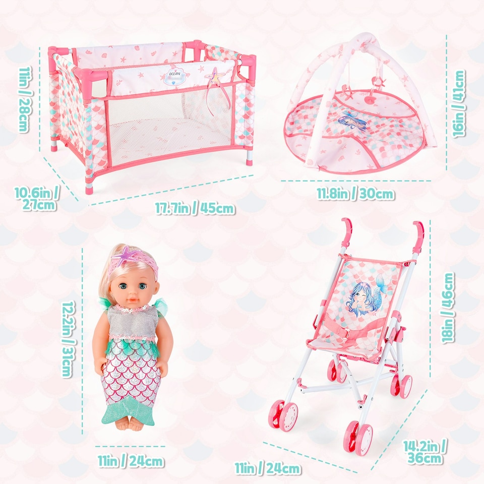 image 1 of Deluxe Mermaid-Themed Baby Doll Playset with Stroller, Crib, Play Mat & Feeding Accessories – Role Play Toy for Girls 3+
