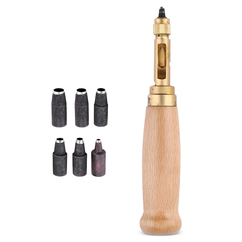 image 1 of 1.5-4mm Automatic Hole Punch Cutter Tool with 6 Tips Brass Wood Handle