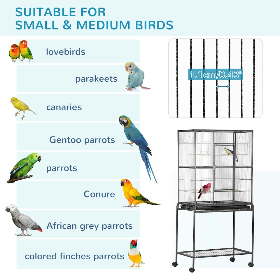 image 1 of PawHut Rolling Bird Cage w/ Detachable stand Storage Shelf  Wood Perch Food Cup