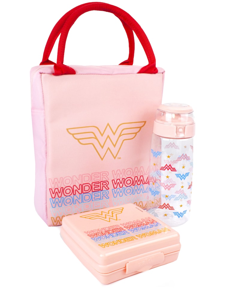 image 1 of DC Comics Wonder Woman Lunch Bag | Rectangular Tote Style 3 Piece Set with Water Bottle & Snack Container | Embrace Superhero Power | Pink Shield Design for Adults & Kids | Wonder Durable Material