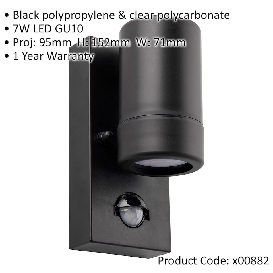 image 1 of Outdoor IP44 Wall Downlight with PIR Sensor - 7W LED GU10 - Matt Black Polymer