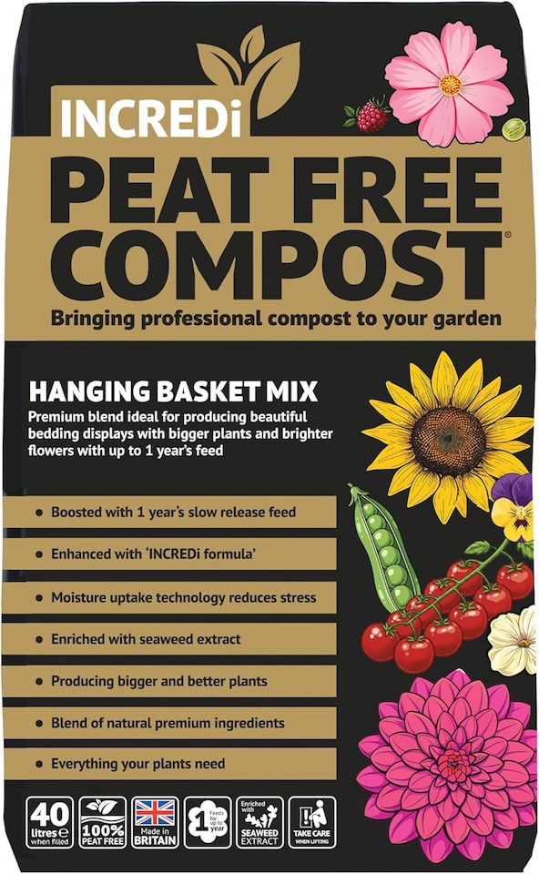 Incredipeatfree Premium Hanging Basket Compost 40L 100 Percent Peat Free With Slow Release Nutrients and 120g Fertiliser for Vibrant Baskets
