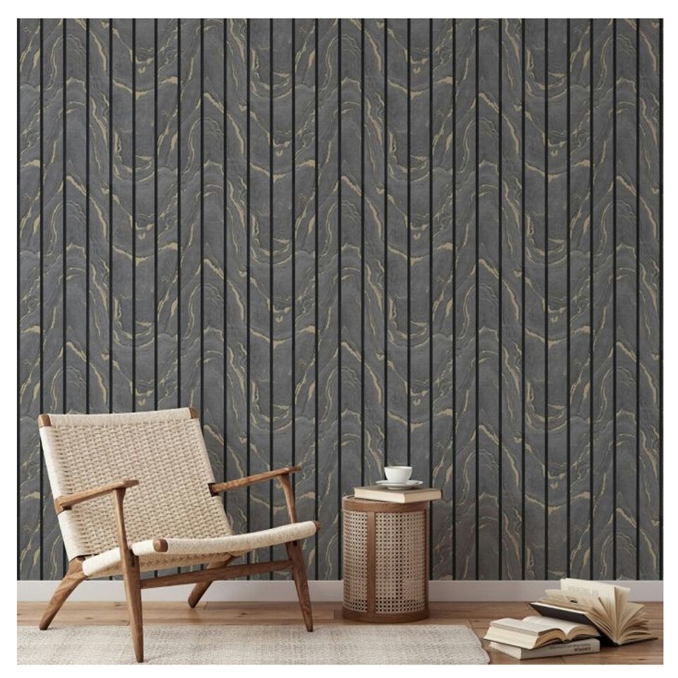 image 1 of Muriva Woodgrain Effect Wallpaper - Charcoal - 10m x 53cm Black