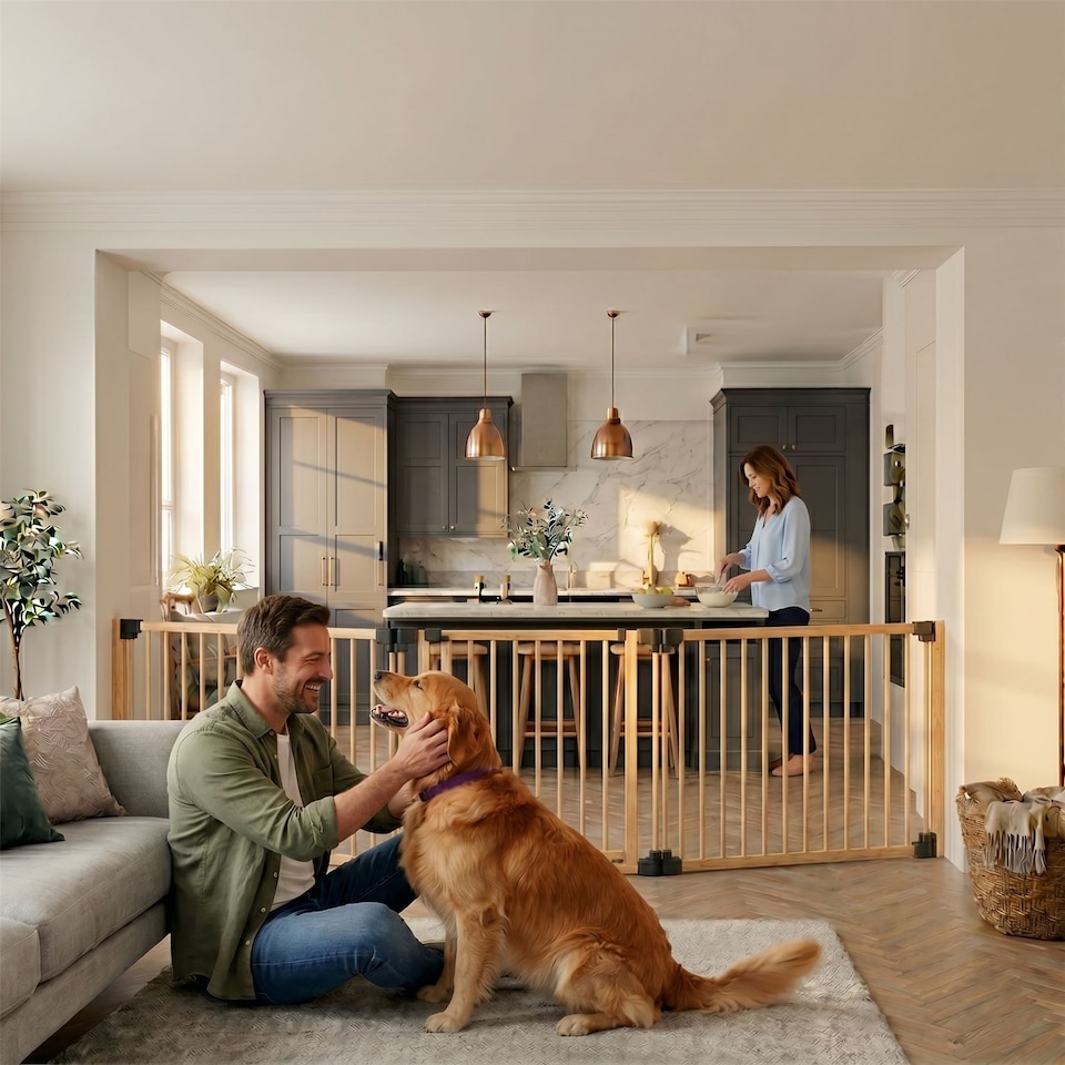 image 1 of Bettacare Wooden Multi Panel Flexible Pet Barrier, Natural Wood, up to 256cm Wide, Dog Barrier for Pets Dogs and Puppy Cream | Natural
