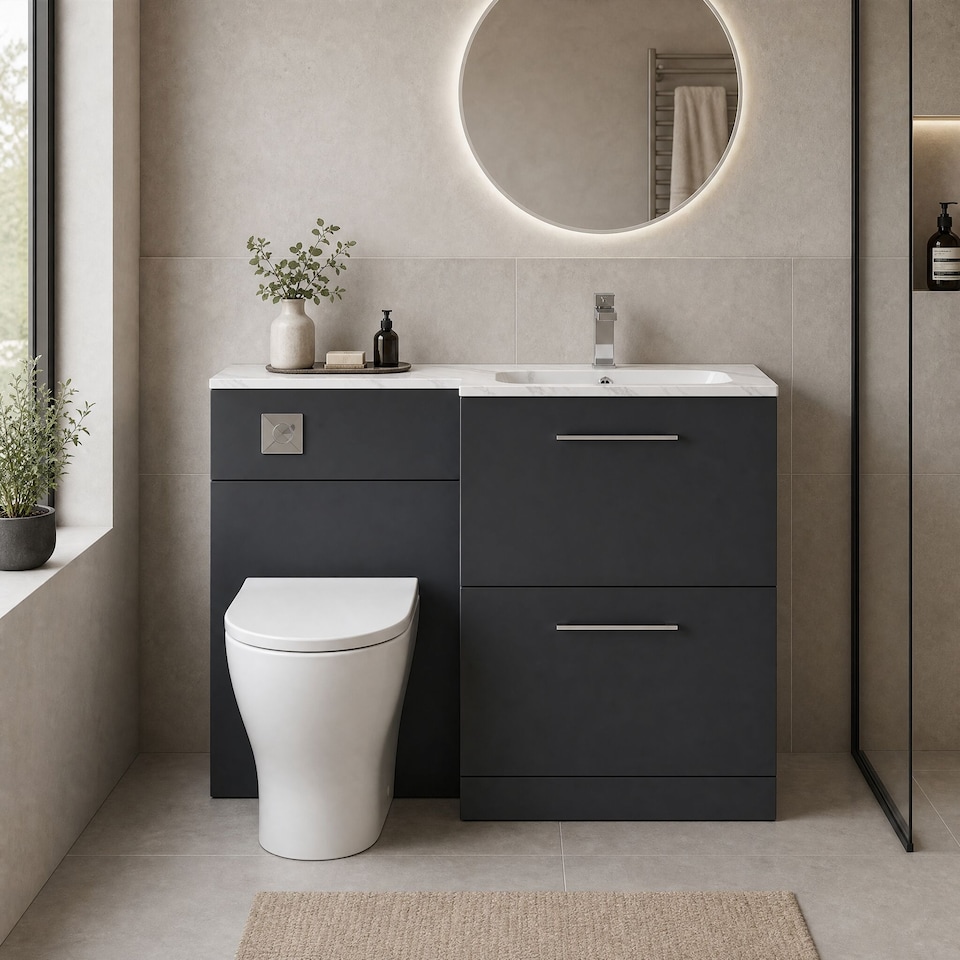 image 1 of Balterley Bramshall Contemporary Floor Standing 2 Drawer Vanity Basin WC Combination Unit, Carrera Marble Stone Basin, Right Hand, 1100mm, Satin Dark