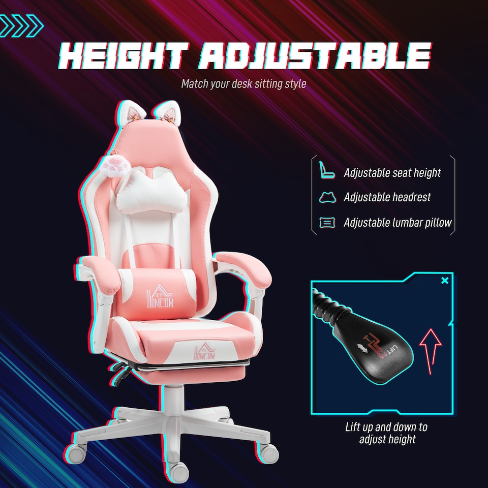 image 1 of HOMCOM Gaming Chair for Adults with Cat Ears, Faux Leather Reclining Computer Chair with Footrest, Lumbar Support and Headrest, Height Adjustable Swivel Seat, Pink