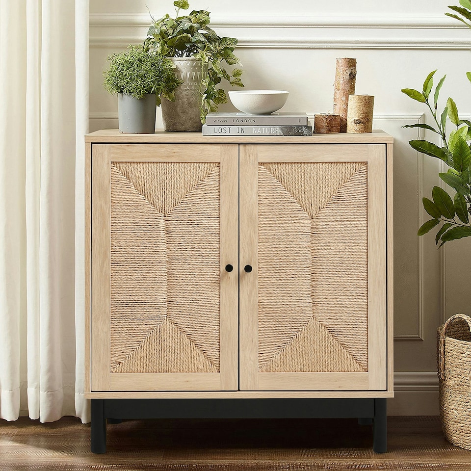 image 1 of Living and Home Wooden Sideboard with Woven Rattan Doors