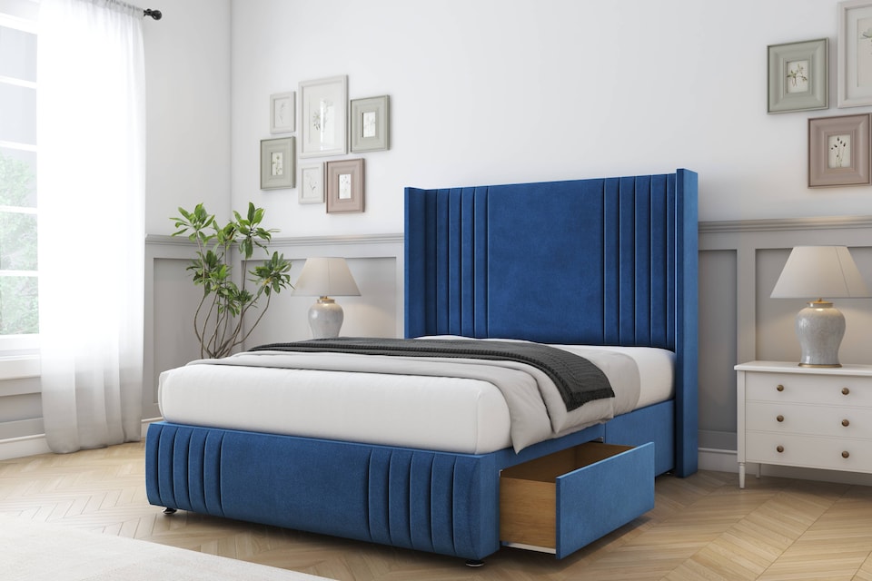 image 1 of Sloomy Camden Navy Plush Divan Bed With Mattress No Drawers With 54" Wingback Headboard & 12" Matching Footboard 6' Super King | Blue | Navy | Super King | 1