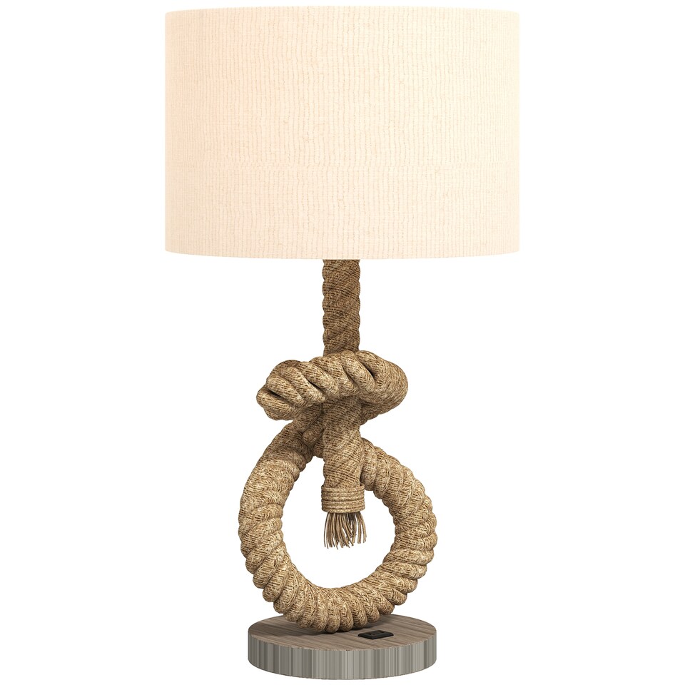 image 1 of HOMCOM Nautical Table Lamp with USB Charging Port, Bedside Lamp for Bedroom Living Room, Warm White LED Bulb Included, with Hemp Rope, Natural