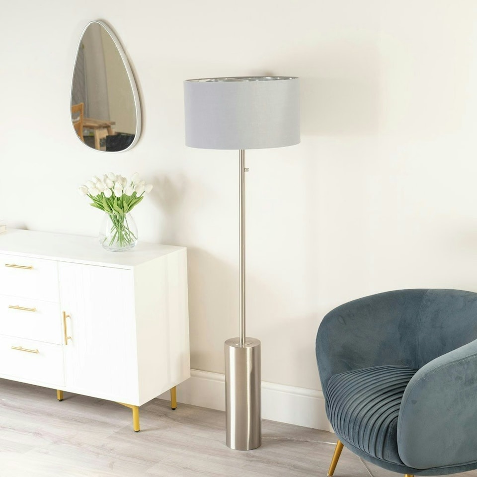 image 1 of ValueLights Lexy Grey and Metallic Chrome Shade with Brushed Chrome Dimmable Floor Lamp & LED Bulb Grey