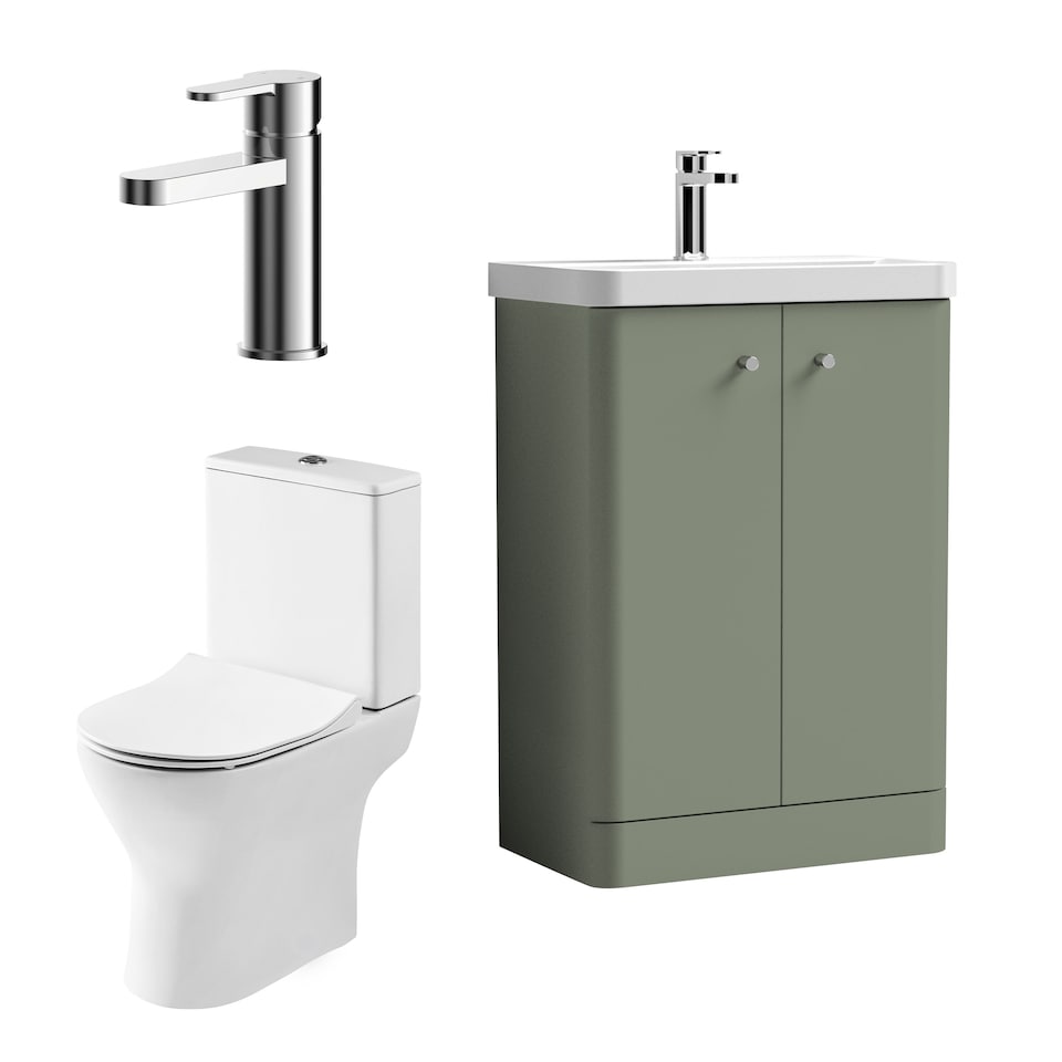 image 1 of Balterley Contemporary Floor Standing 2 Door Bathroom Vanity Unit, Basin, Tap & Toilet Pack | Green | Satin Green | 814 x 579 x 342mm