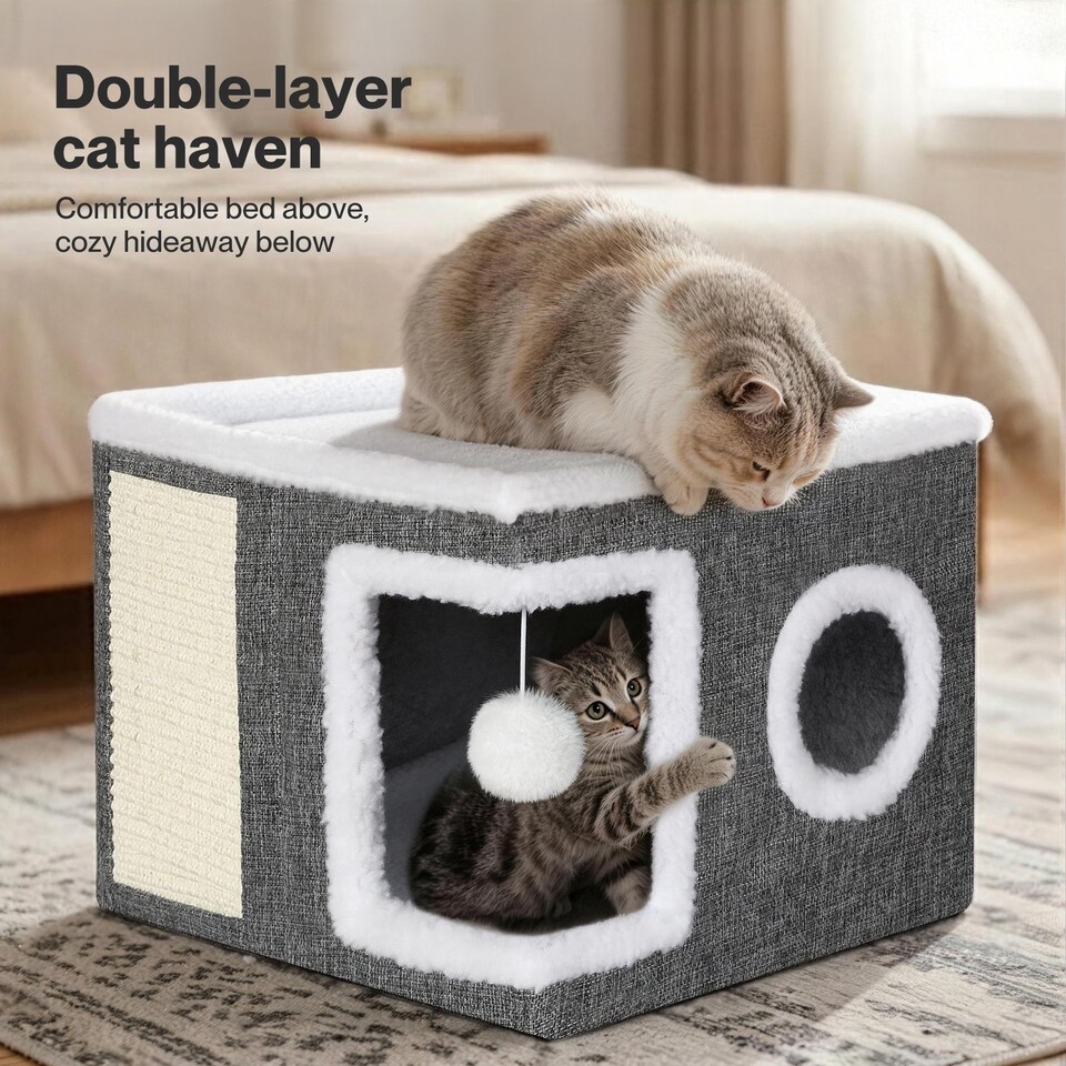 image 1 of Skylos Cat House Indoor Cat Cave with Scratch Pad Fluffy Ball Cat Bed Pet House