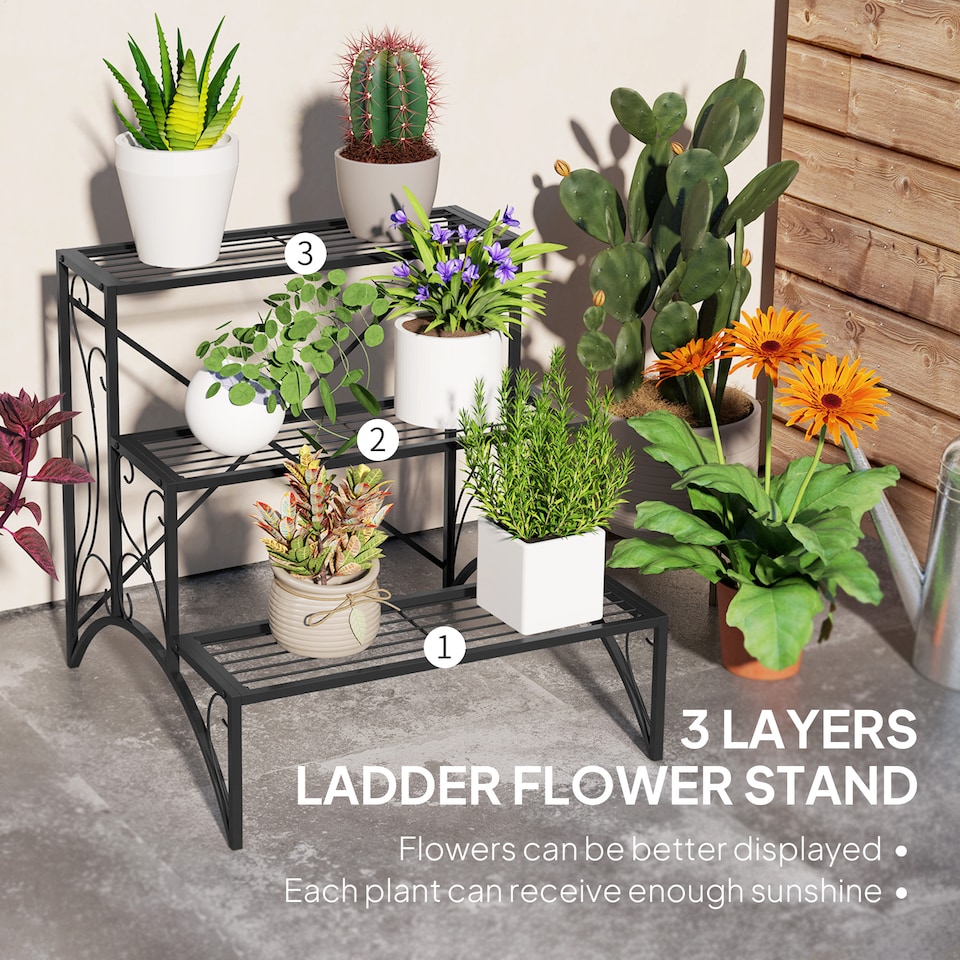 image 1 of Outsunny 3-Tier Metal Plant Stand for Garden Balcony Indoor Outdoor, Black | Black | Black