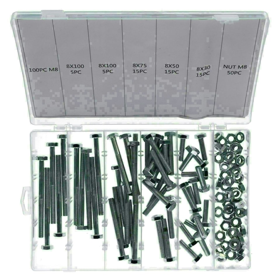 image 1 of 100pc M8 8mm Bolts Bolt with Nuts Assortment 30 - 100mm Hex Head