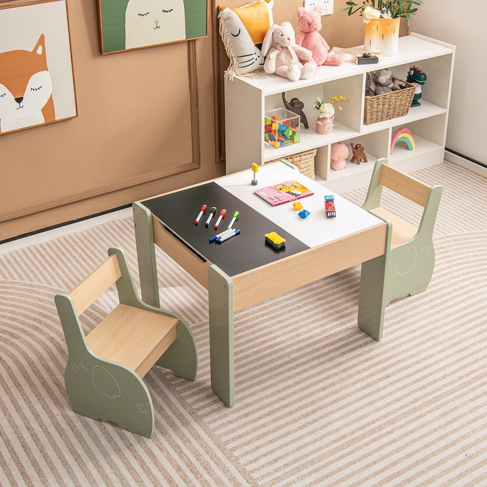 image 1 of COSTWAY Wooden Kids Table and Chair Set with Storage Green