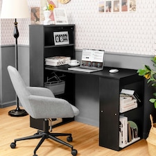 COSTWAY Computer Desk Workstation 6-Tier Storage Shelves Black Black