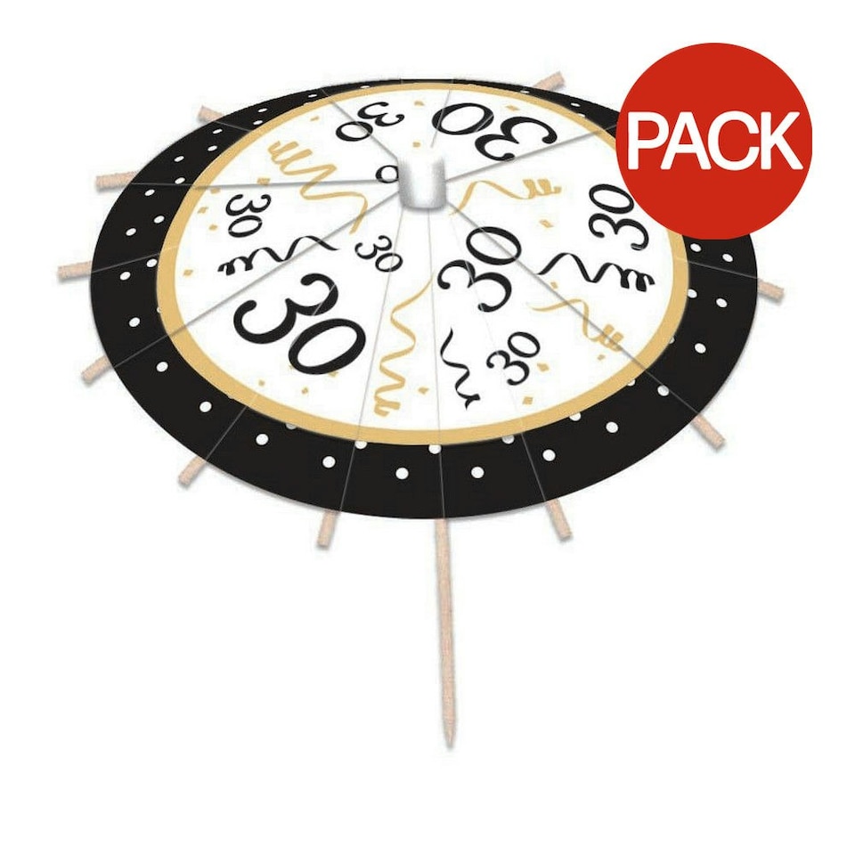 image 1 of Bristol Novelty 30th Birthday Drink Umbrellas (Pack of 12) - Black/White/Gold - One Size