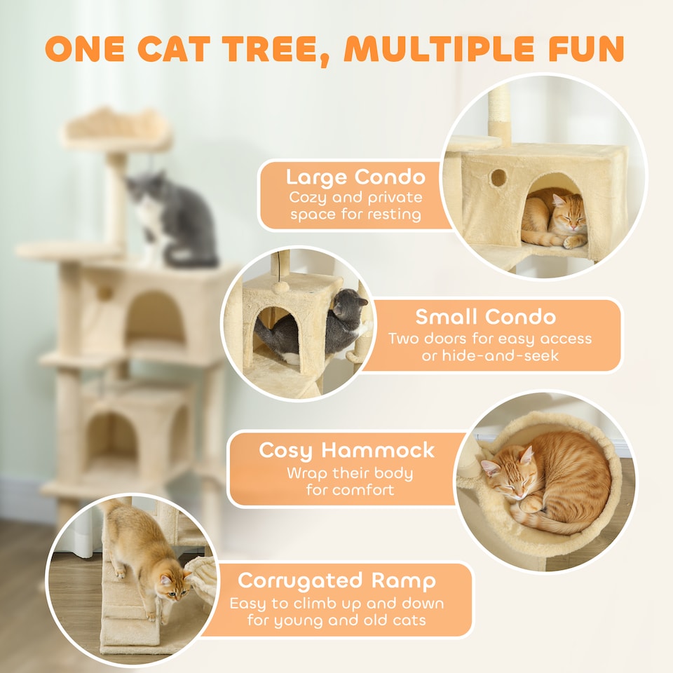 image 1 of PawHut 140cm Cat Tree Tower with Sisal Scratching Posts, Condos, Beige