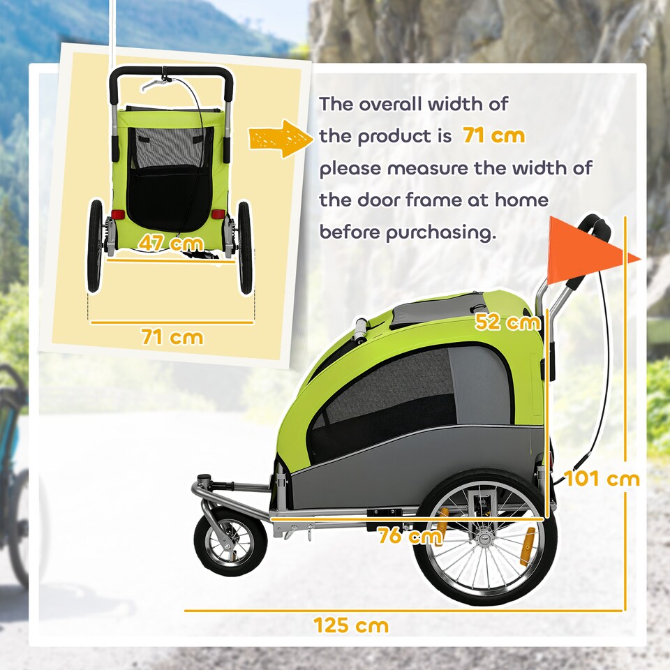 image 1 of PawHut 2 in 1 Pet Stroller Dog Bike Trailer for Medium Dogs, Green