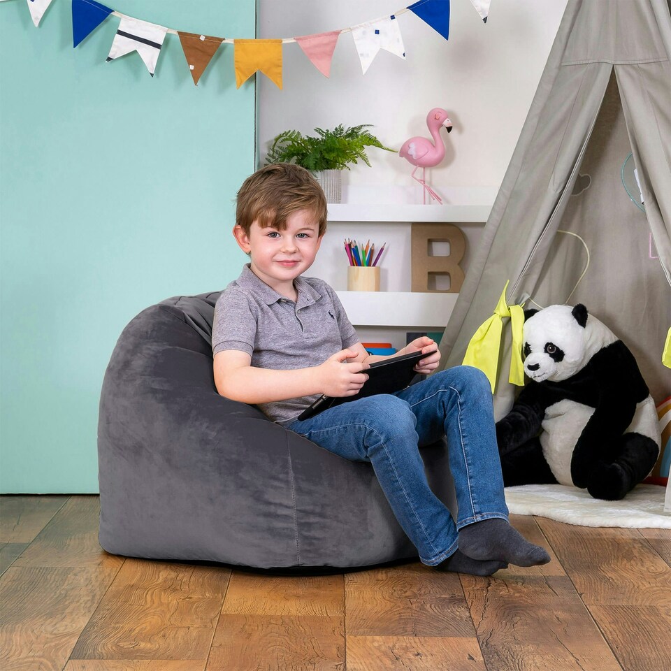 image 1 of icon Kids Aurora Velvet Bean Bag Chair Charcoal Grey Childrens Bean Bags Grey | Grey