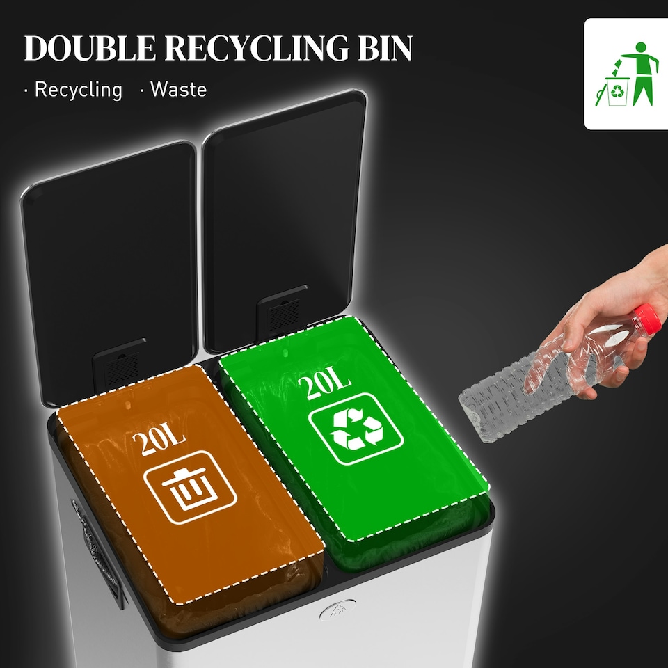 image 1 of HOMCOM 2 x 20L Dual Kitchen Bin Pedal Bin for Recycling and Waste Silver | 40L