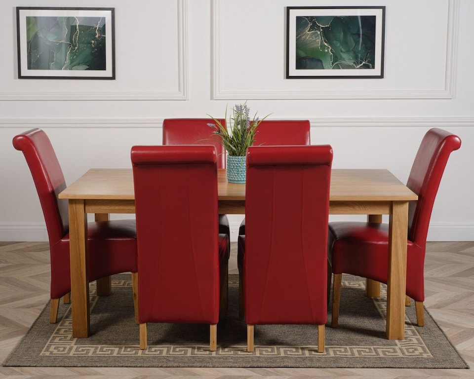 image 1 of Oslo 180 x 90 cm Large Oak Dining Table and 6 Montana Leather Chairs | Red | Red