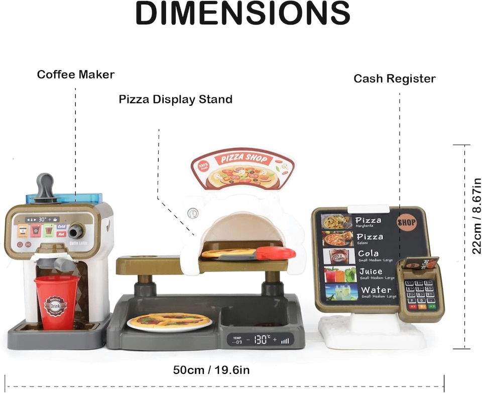 image 1 of Pretend Play Coffee Shop & Pizza Cafe Set - 30-Piece Kids Coffee Maker Playset with Cash Register and Food Accessories