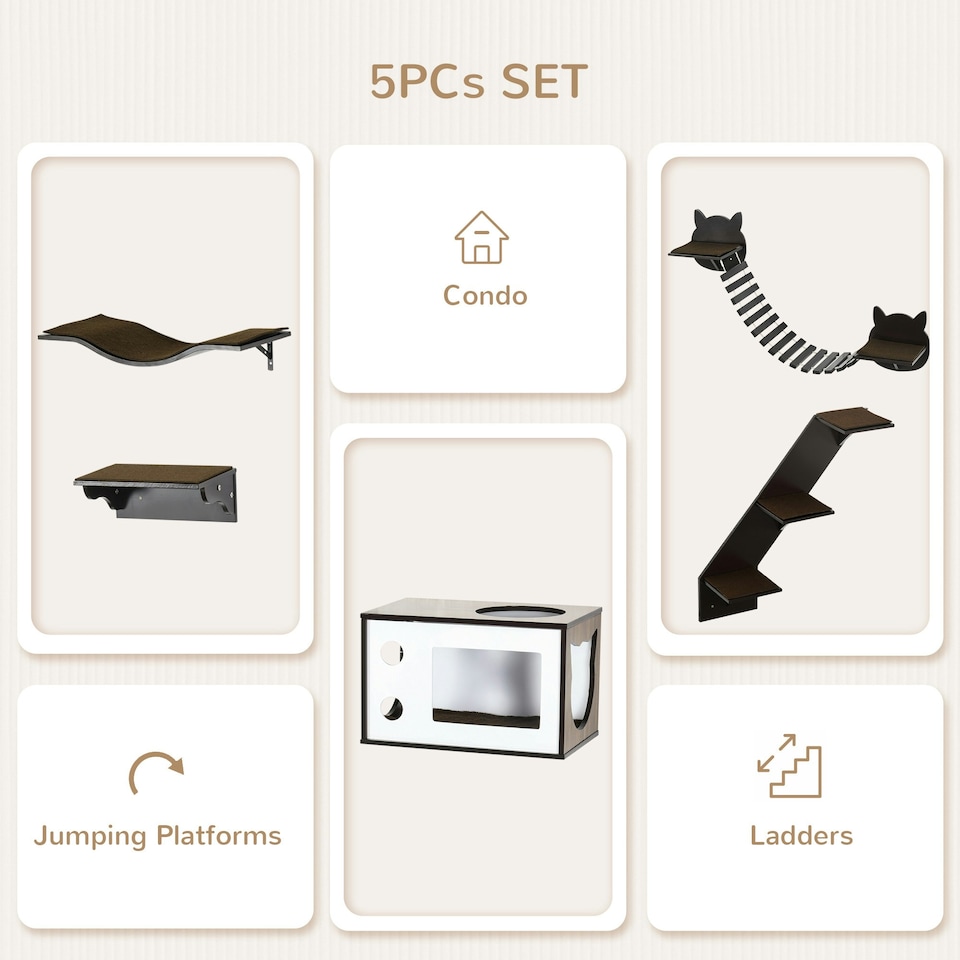 image 1 of PawHut 5 Piece Cat Wall Shelves, Wall-Mounted Cat Tree for Indoor Use - Brown