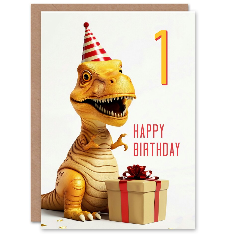 image 1 of T-Rex Dinosaur Party Hat Kids Age 1 Year Old Child Kids 1st Birthday Card
