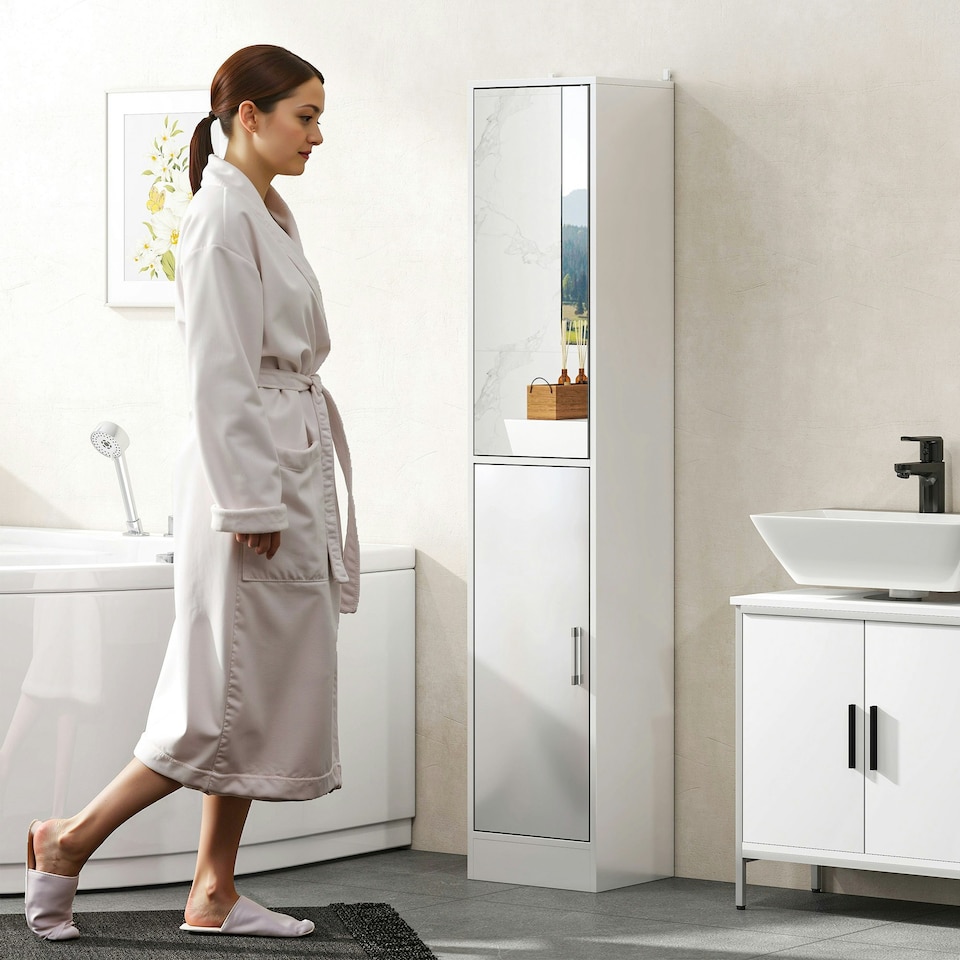 image 1 of kleankin Tall Bathroom Cabinet with Mirror, High Gloss White | White | 162H x 32W x 28D cm