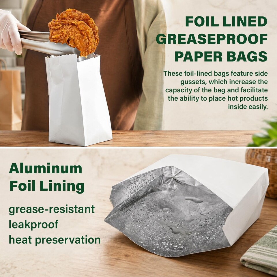 image 1 of ECONX Foil Lined Paper Bags 7 X 9 X 12 Inch Greaseproof Takeaway Bags Leak Resistant Inner Lining 1000PK