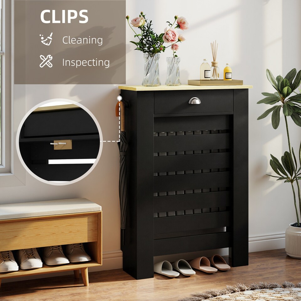 image 1 of HOMCOM Radiator Cover with Drawer, Horizontal Slat, 78cm | Black | Black | 78W x 19D x 95.5H cm
