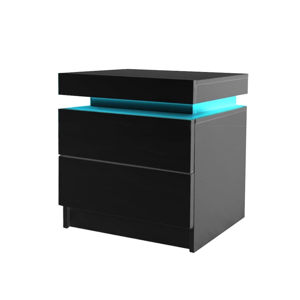image 1 of Levede 2 Drawer Bedside Table High Gloss RGB LED Nightstand Cabinet | Black | Black