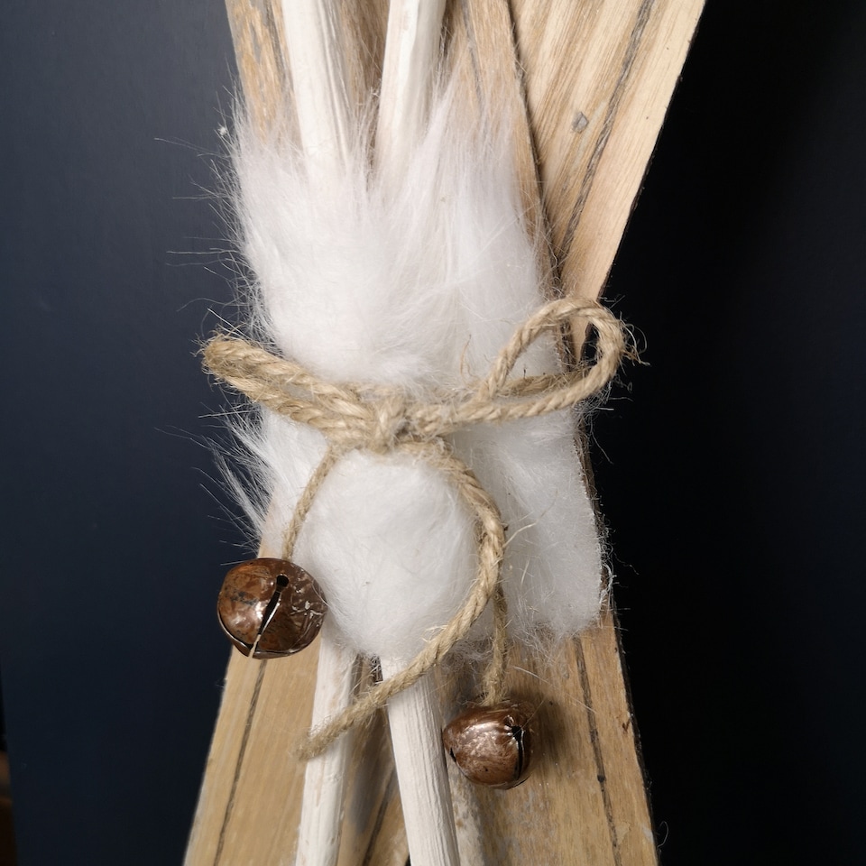 image 1 of 55cm Wooden Skis with Decorative White Fur and Silver Bells Christmas Decoration