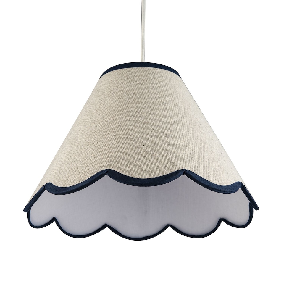 image 1 of Scallop Edge Natural Textured Linen Coolie Lamp Shade with Navy Trims | Blue | 12"