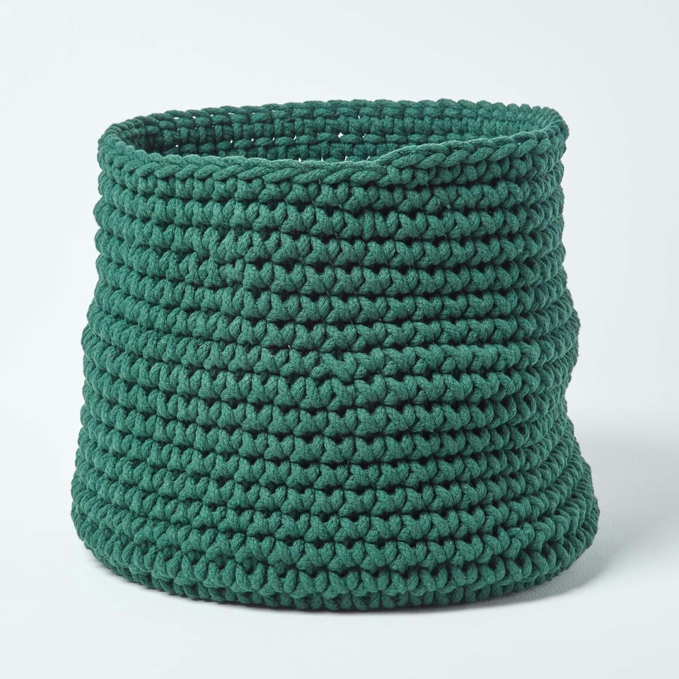 image 1 of Homescapes Forest Green Cotton Knitted Round Storage Basket - 42 x 37cm Green | L