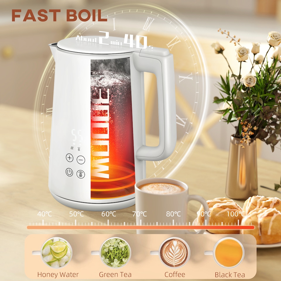 image 1 of HOMCOM Digital Stainless Steel Kettle and Toaster Set, 1.5L 3000W Fast Boil Kettle, 2 Slice Toaster with 7 Level Browning Controls, Defrost, Reheat, Keep Warm, Crumb Tray and LED Touch Display, White