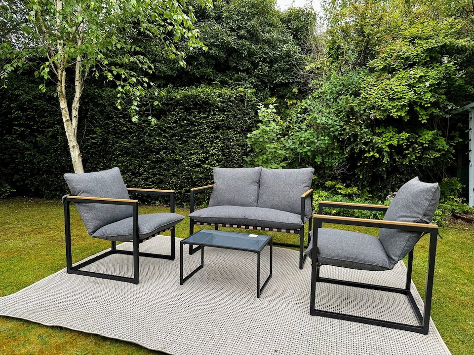 image 1 of Garden Lounge Set Grey Cushions Black Frame Patio Furniture Chairs Sofa Table 4 Seater Porto