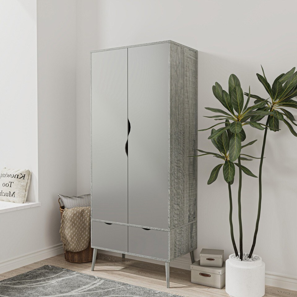 image 1 of Malmo 2 Door 2 Drawer Wardrobe with Scandi Legs Cupboard Hanging Rail 180cm | Multi | Ash Grey Grey | 1