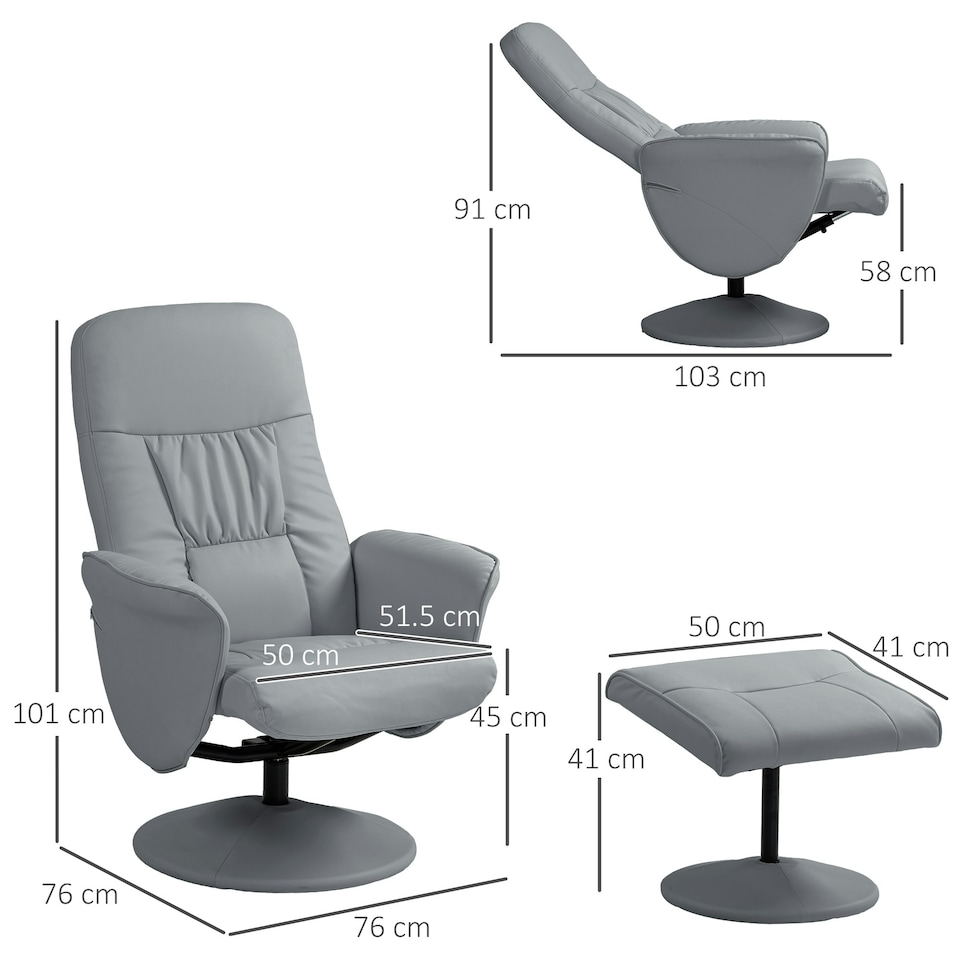 image 1 of HOMCOM PU Leather Armchair and Footrest Swivel Recliner w/ Ottoman Light Grey