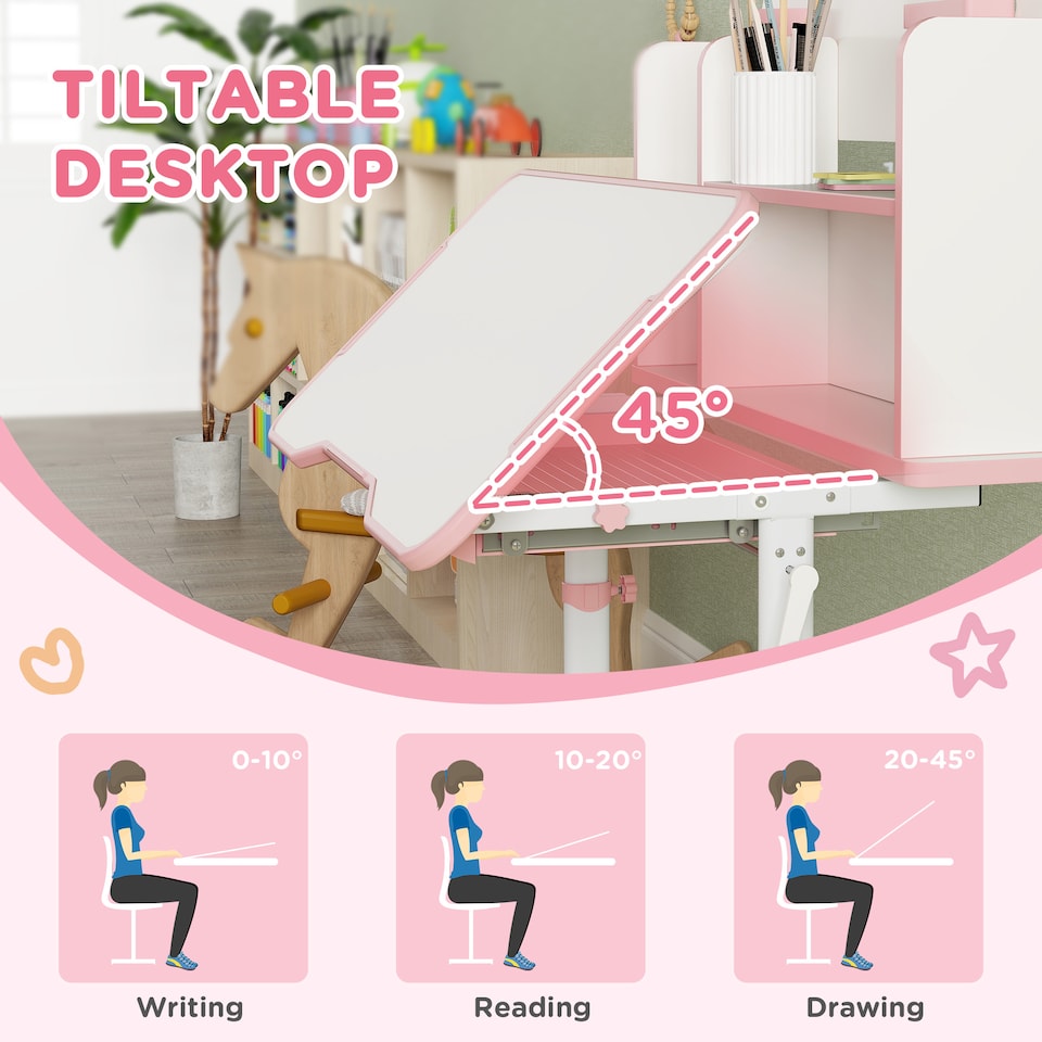 image 1 of AIYAPLAY Kids Desk and Chair Set w/ Tiltable Desktop, Reading Rack, Pink