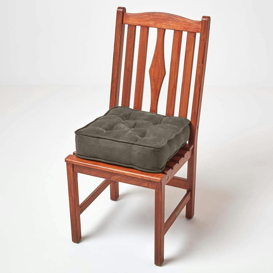 image 1 of Homescapes Grey Faux Suede Dining Chair Booster Cushion | Grey | Grey | 40cm x 40cm x 10cm (16" x 16" x 4")