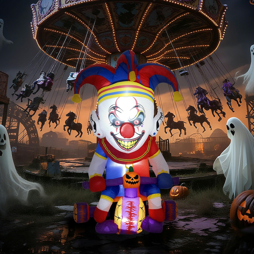 image 1 of Outsunny 4ft Blow Up Outdoor Halloween Decoration, Clown on Bicycle
