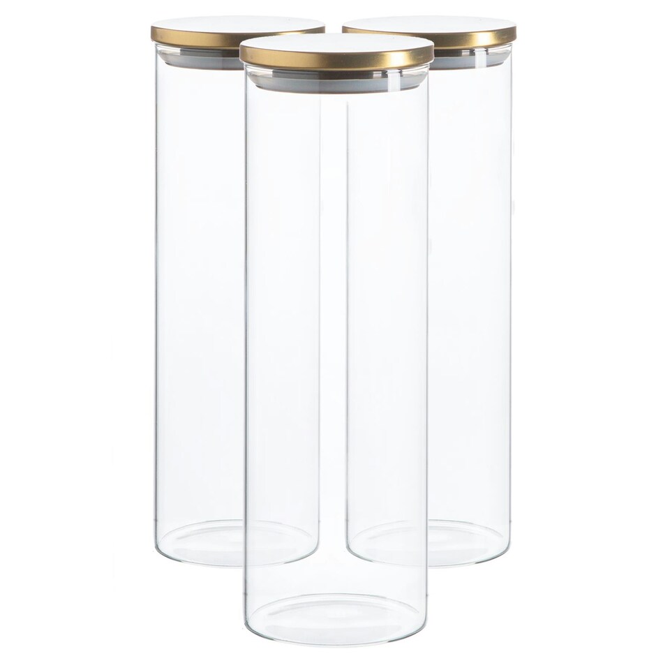 image 1 of Argon Tableware Glass Storage Jars with Metal Lids - 2 Litre - Gold - Pack of 3